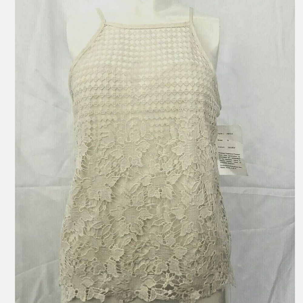 NWT Rebellion Sheer Ivory Cream Colored Lace eyelet Tank Top Women's Size Small